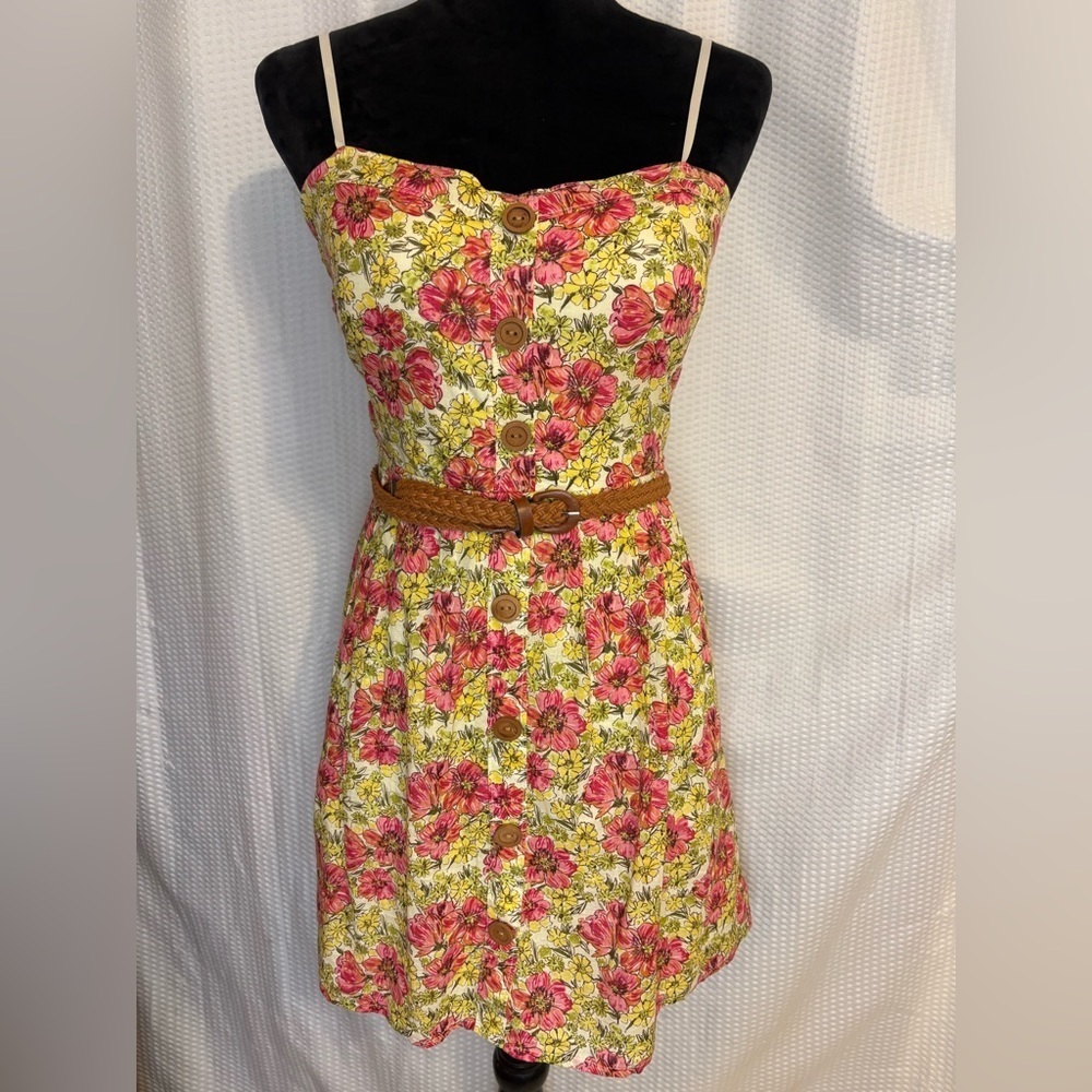 Strapless 100% cotton pink & yellow floral pattern mini dress size 7